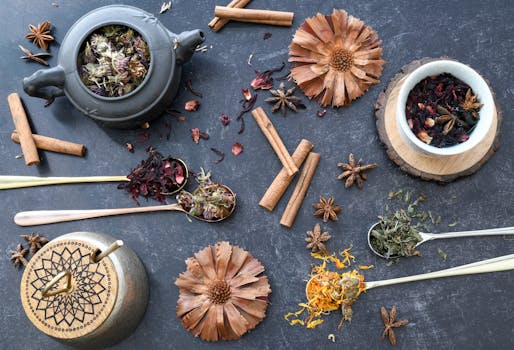 A flat lay of various herbal tea ingredients, spices, and rustic utensils on dark surface.